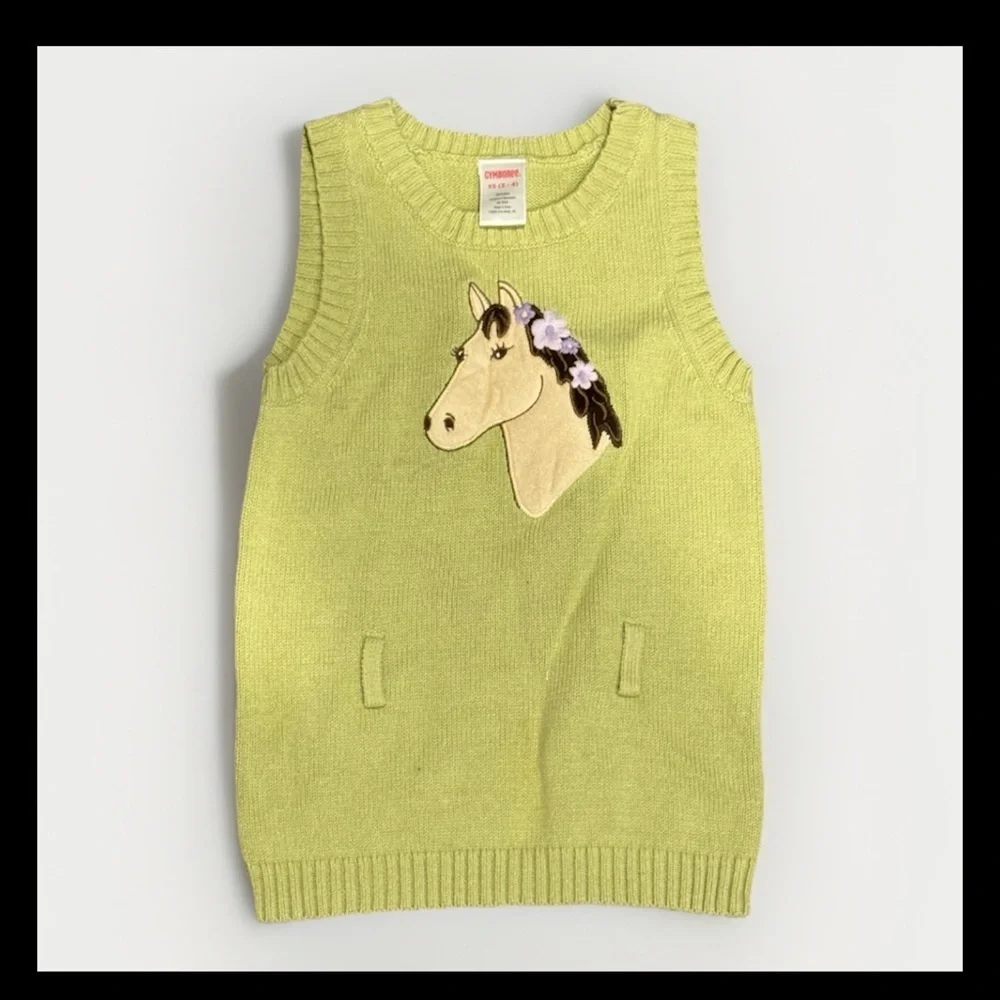 Gymboree Girl 3-4T Horse Appliqué Green Sweater Vest Dress 100% Cotton I Boho